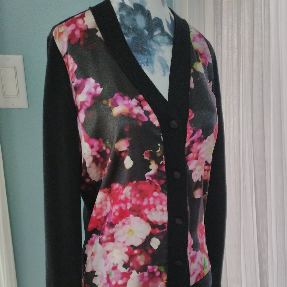 Pink Tartan Cardigan, Merino Wool with Floral Satin Front, XS - Picture 3 of 12